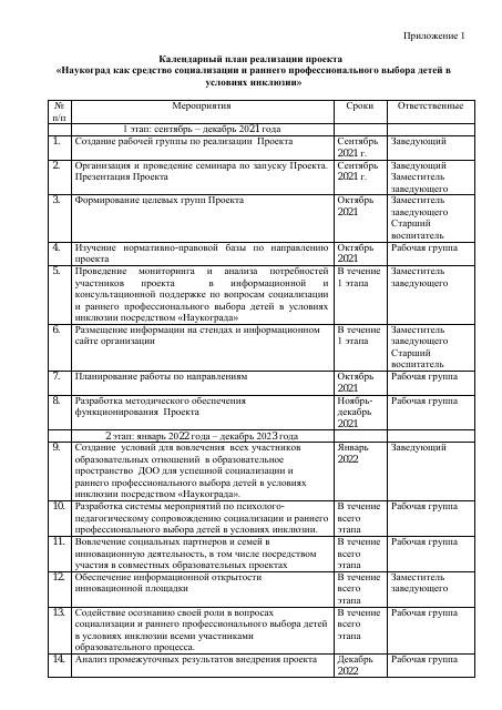 Календарный план реализации инновационной деятельности