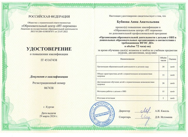 Организация образовательной деятельности с детьми с ОВЗ в ДОО в соответствии с требованиями ФГОС ДО - 72 часа 2024г.