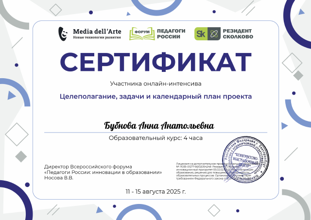 Целеполагание, задачи и календарный план проекта 2025г