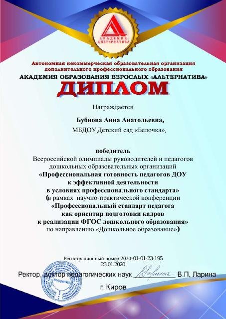 Диплом победителя Всероссийской олимпиады