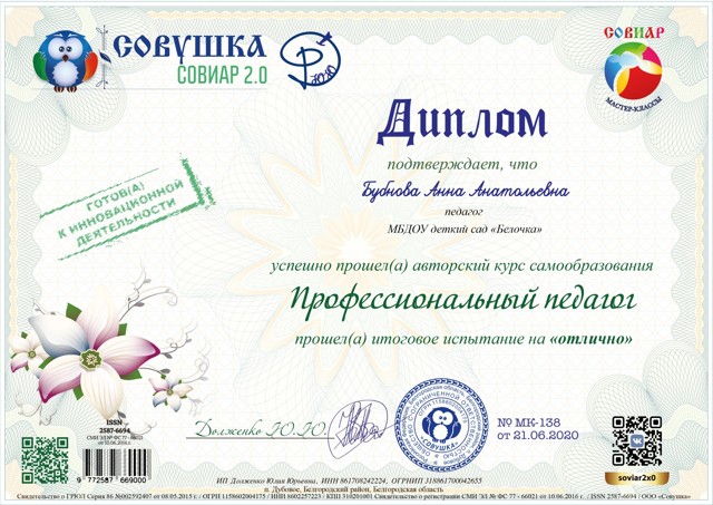 курс самообразования "Профессиональный педагог" 2020г