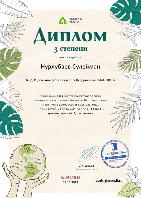 Диплом 3 степени от проекта ecologiarossii.ru 2023г