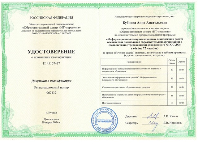 информационно-коммуникативные технологии в работе воспитателя ДОО в соответствии с требованиями обновленного ФГОС ДО - 72 часа - 2024г.