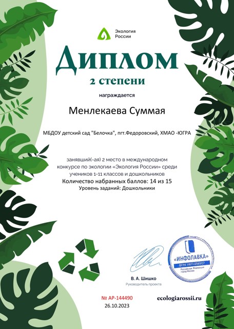 Диплом 2 степени от проекта ecologiarossii.ru 2023г