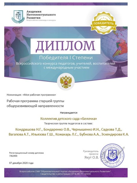 Всероссийский педагогический конкурс "Моя рабочая программа" 1 место 2021